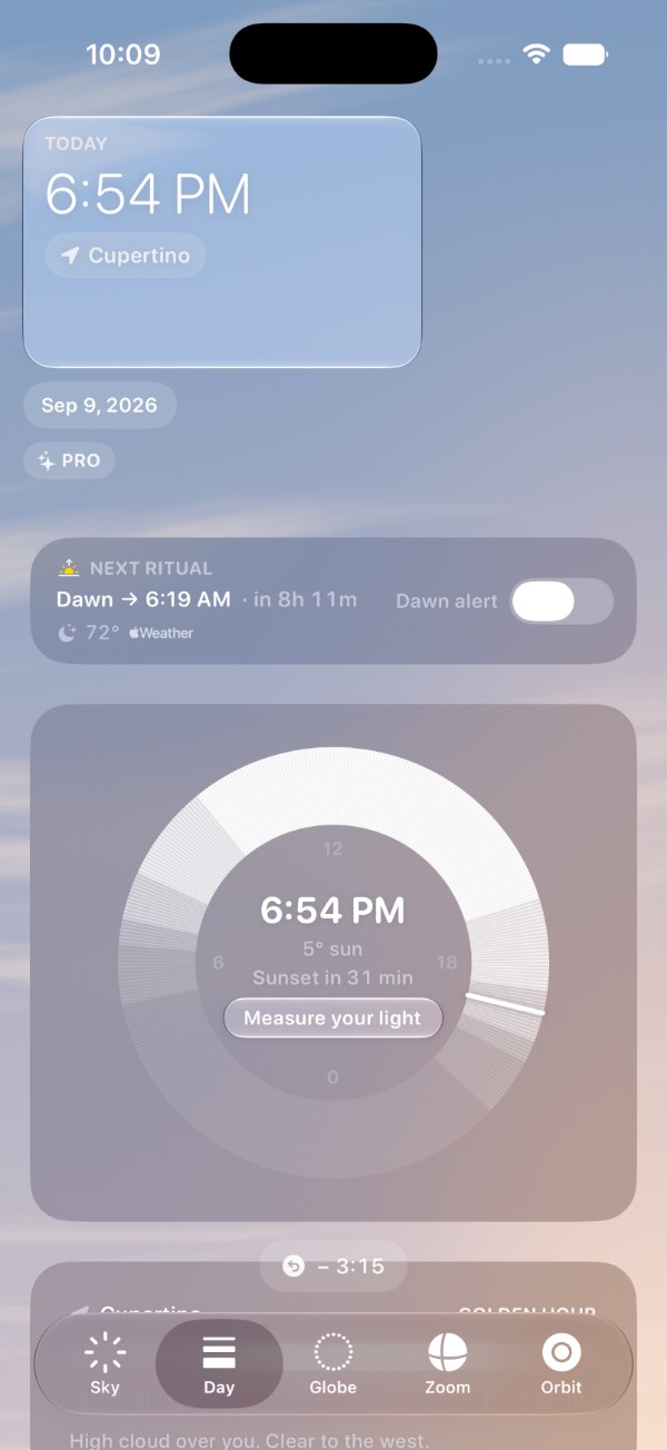 The Day tab at 6:54 PM: the next ritual — dawn at 6:19 AM, in 8 h 11 min — with its alert switch; the dial of the day's light with the sun 5° up and sunset in 31 minutes; and the call's own reasons at the foot — high cloud over you, clear to the west