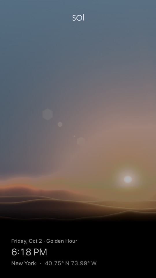 Sol's share card for New York on Friday, 2 October: golden hour at 6:18 PM, over that evening's own sky.