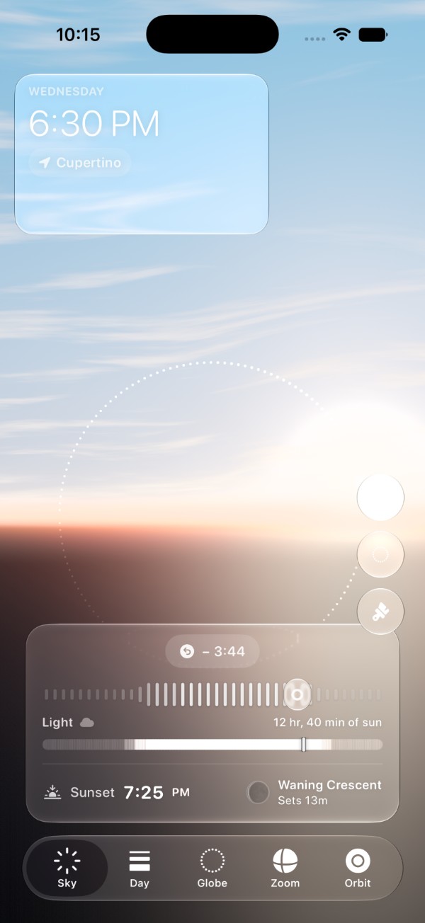 The Sky tab at 6:30 PM: the sky over Cupertino painted as it is, the sun low in the west, the day's light as a strip — 12 hours 40 minutes of sun — sunset at 7:25 PM, and the moon's phase beneath