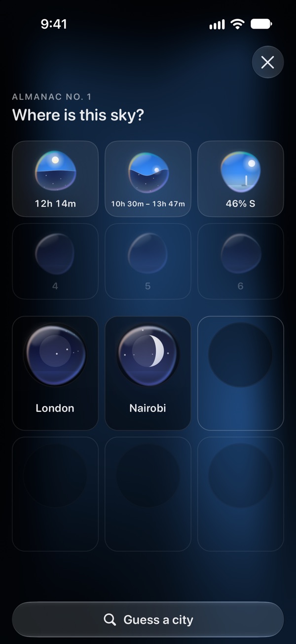Sol's Almanac, No. 1, two guesses in: three clues turned over as drops of glass, the day 12 hours 14 minutes long, a year's days from 10 hours 30 minutes to 13 hours 47 minutes, and a noon shadow 46 per cent of a pole's height to the south. Below them London and Nairobi sit as drops, each holding its moon.