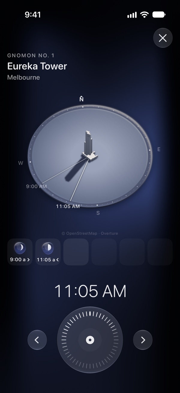 Sol's Gnomon, No. 1: the Eureka Tower in Melbourne on a plate of frosted glass, its shadow under the hidden hour's sun, and two readings in, 9:00 AM and 11:05 AM, with the dial below.