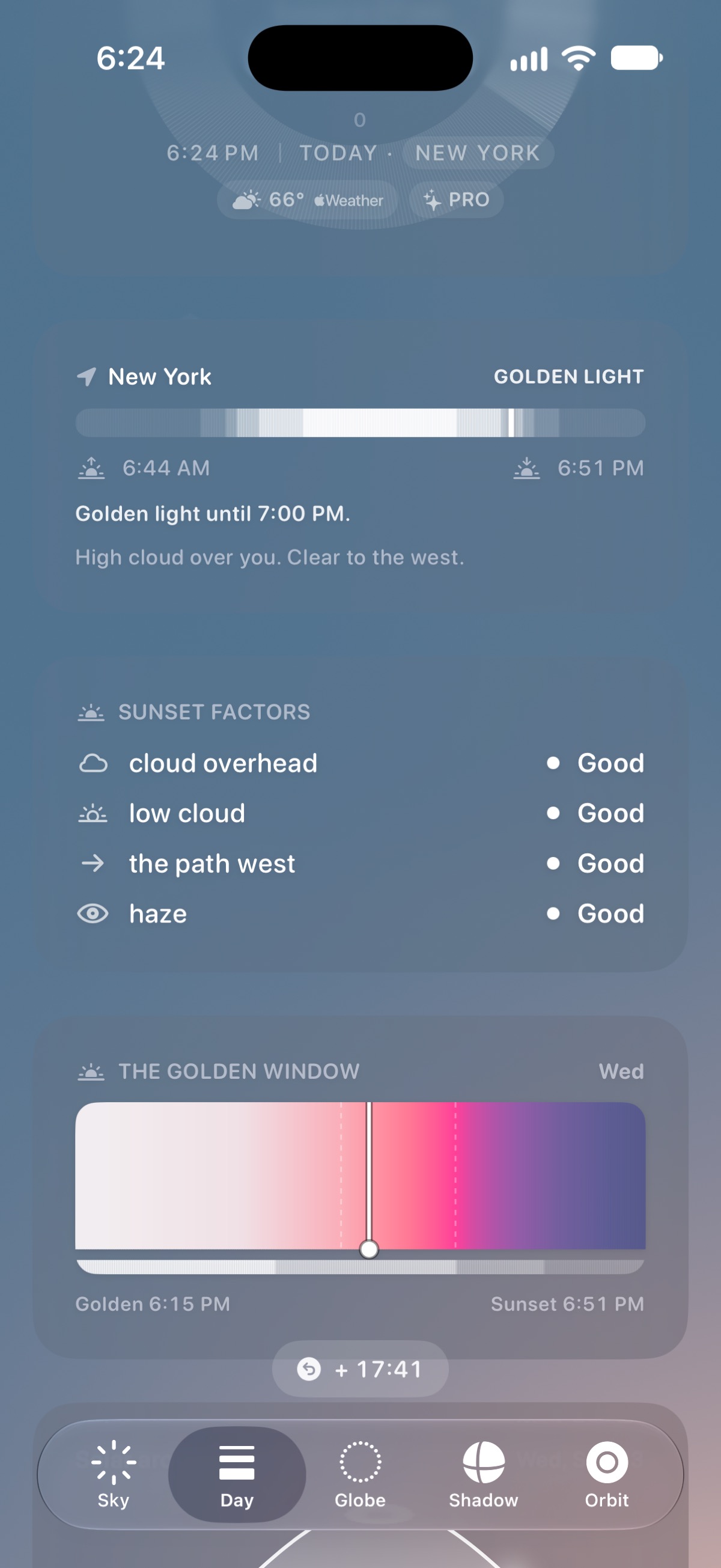 The day’s light shown in the Sol iPhone app preview