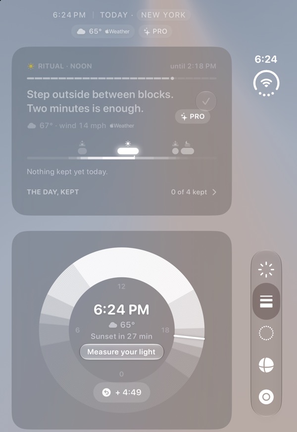 Sol on iPhone Duo, closed, in New York at 6:24 PM: its outer screen holding the day's cards, the noon ritual and the day's light ring with sunset twenty-seven minutes away, and the tab bar moved from the foot of the screen to a vertical rail down the right-hand side.