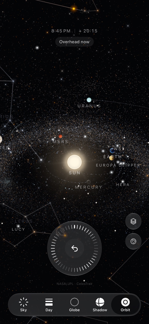Sol's Orbit tab at 8:45 PM: the Sun at the centre of the asteroid belt's dust, Mercury, Earth, Mars and Uranus on their paths, Jupiter at the edge, and the spacecraft JWST, Europa Clipper, Hera and Lucy named.