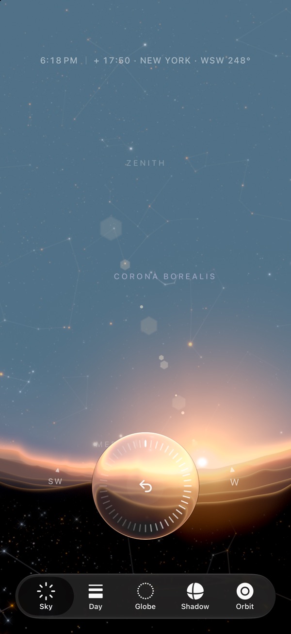 Sol's Sky tab at 6:18 PM over New York: golden hour, the sun just above the ridges in the west and the sky gone gold along the horizon, Corona Borealis named overhead, and the dial at the foot.