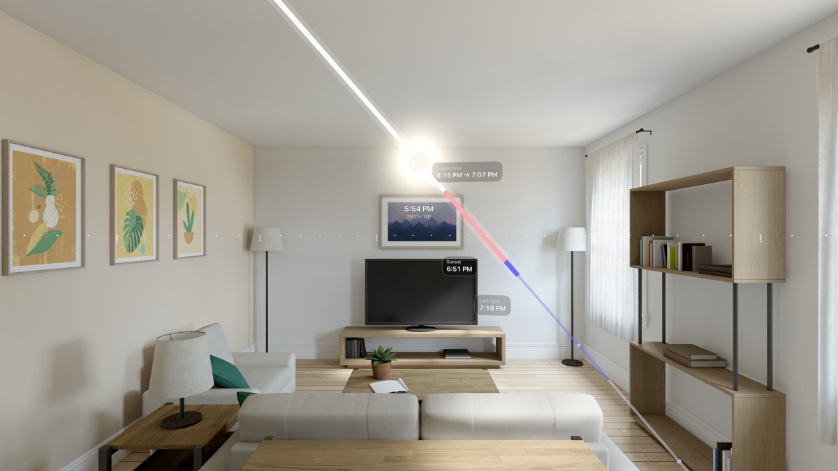 Sol on Apple Vision Pro in a living room, New York at 5:54 PM: the sun's day path drawn through the room as a band of light, white while the sun is high, rose through golden hour and indigo into the blue hour, the sun a glowing ball on it.