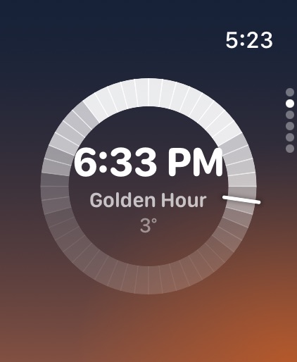 The light wheel on Apple&nbsp;Watch at 6:33&nbsp;PM in New York: the whole day's light as one ring, bright through the daylight hours and dark through the night, its hand low on the evening side, golden hour with the sun 3 degrees up, under a sky going amber at the horizon.