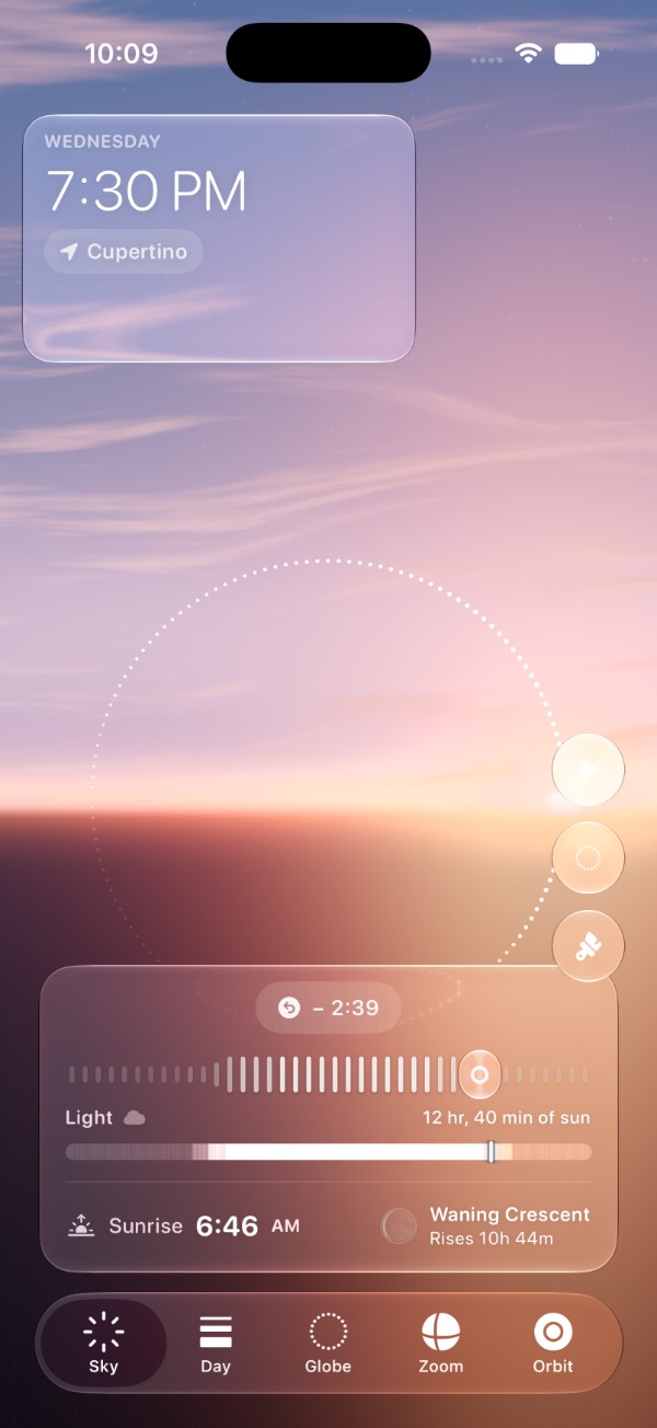 The Sky tab at 7:30 PM: the sky over Cupertino painted at dusk, the day's light strip with the sun past its end, sunrise 6:46 AM and the moon beneath