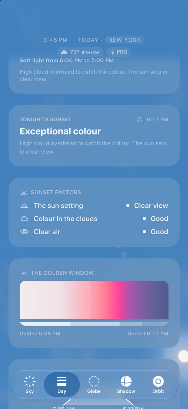 Sol's Day tab in New York at 3:45 PM: tonight's sunset forecast reads exceptional colour, with its reason beside it, and golden hour from 5:40 PM.