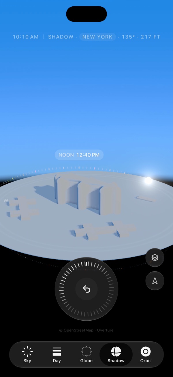 The Shadow tab's day across the same block: the sun crossing from morning to evening, and every shadow turning with it.
