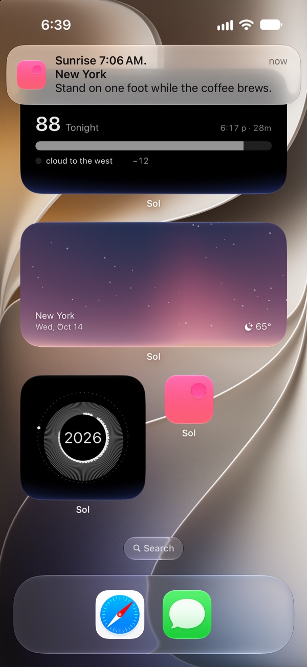 Sol's dawn alert on an iPhone at 6:39 AM, as the dawn window opens at first light.