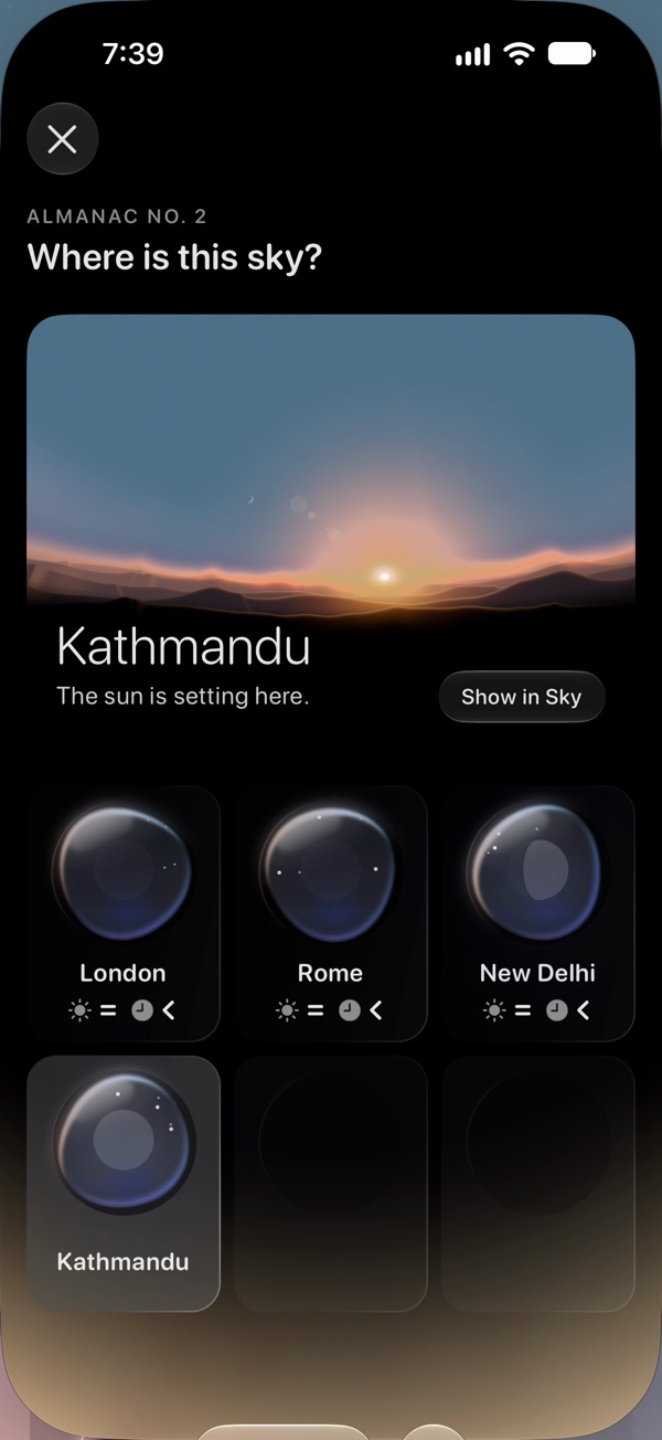 Sol's Almanac, No. 2, found on the fourth guess: Kathmandu's sky as the sun sets there, its name on the ground under it, and the guesses London, Rome, New Delhi and Kathmandu below.