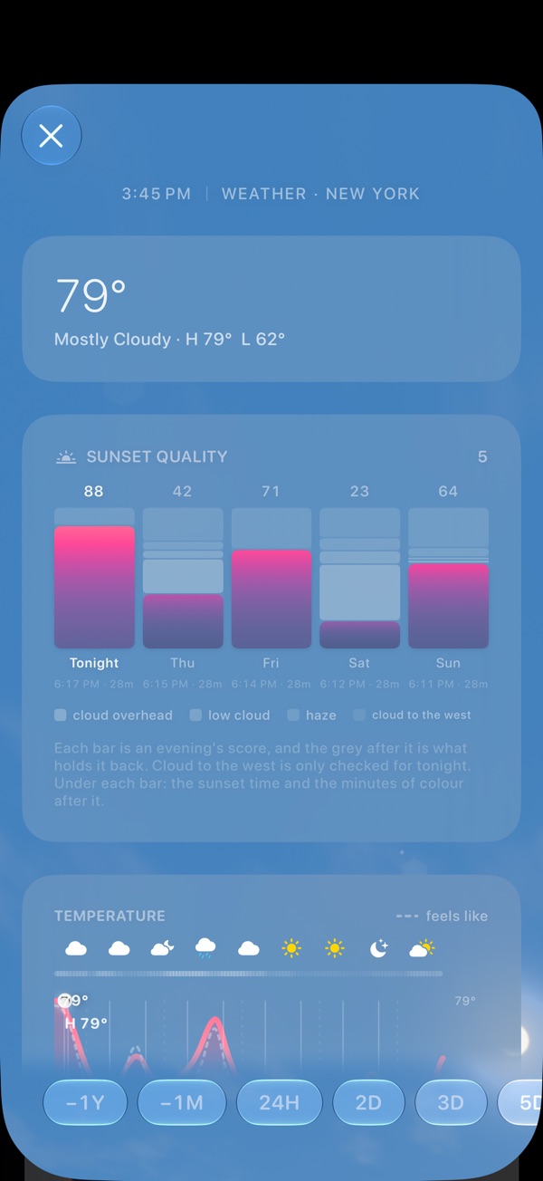 Sol's weather room in New York at 3:45 PM: the sunset quality of the evenings ahead as bars, each as tall as its colour, with what holds each one back.