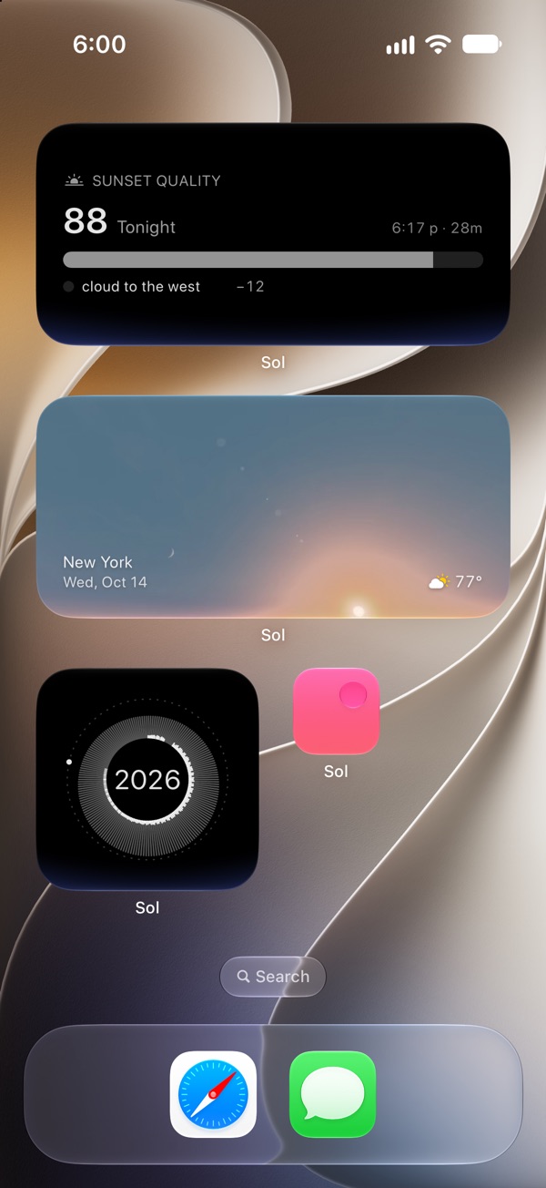 An iPhone Home Screen at 6&nbsp;PM in New York with three of Sol's widgets: sunset quality 88 tonight, the Sky Window and the year in light.