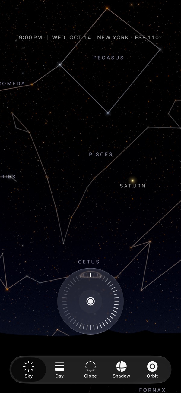 Sol's Sky tab at 9:00 PM over New York, looking east: the constellations drawn and named, and Saturn low in the east.